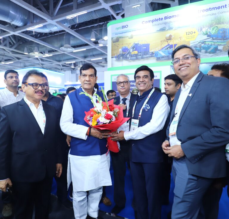 Shri Atul Mulay, Chairman, Bioenergy Committee, IFGE & President –
Corporate Strategy, Praj Industries, welcoming Shri A. K. Sharma, Hon’ble
Minister for Energy & Additional Sources of Energy, Government of Uttar
Pradesh at 11-13 August 2026, India Bioenergy & Tech Expo 2026, India Expo
Centre & Mart, Greater Noida, Uttar Pradesh (Delhi NCR) along with Shri Ravi
Barotkar, Founder Member, IFGE & Managing Director, MM Activ Sci-Tech
Communications; Shri Sanjay Ganjoo, Director General, Indian Federation of
Green Energy; and Shri Venkatesh Rao, President & SBU Head – Bioenergy,
Praj Industries.
